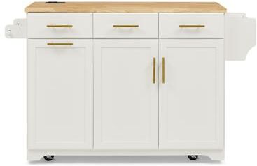 "47.2"" Kitchen Island with Storage 2 Pull Out Cabinet Trash Can Storage, Power Outlet, Spice & Towel Rack for Kitchen"