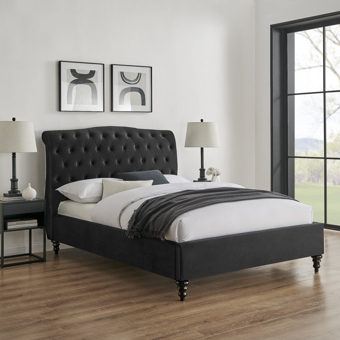 Three Posts Fairfield Upholstered Velvet Sleigh Bed Black Super King (6')