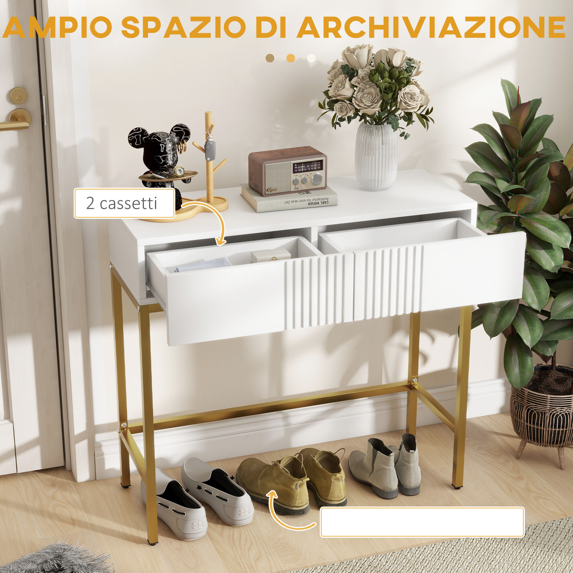 Altro Consolle Da Ingresso Moderna Con 2 Cassetti E Gambe Dorate, 80x31.5x75cm, Bianco