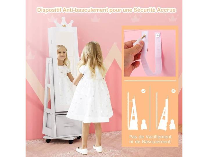 GIANTEX Armoire à Bijoux pour Enfants Miroir Pleine Longueur Pivotant à 360° avec 4 Roues Universelles Bloquables Blanc