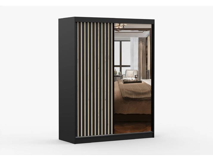 Schwebetürenschrank LAMI C 150 cm Schwarz Schwarz + Spiegel Ohne LED-Beleuchtung