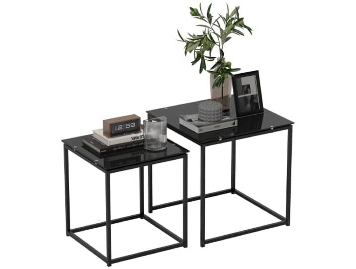 HOMCOM Beistelltisch 2er-Set mit Verstärktem Glas Couchtisch-Set Schwarz Kaffeetisch, Quadratischer Sofatisch Satztisch, für Schlafzimmer, Wohnzimmer, Stahl