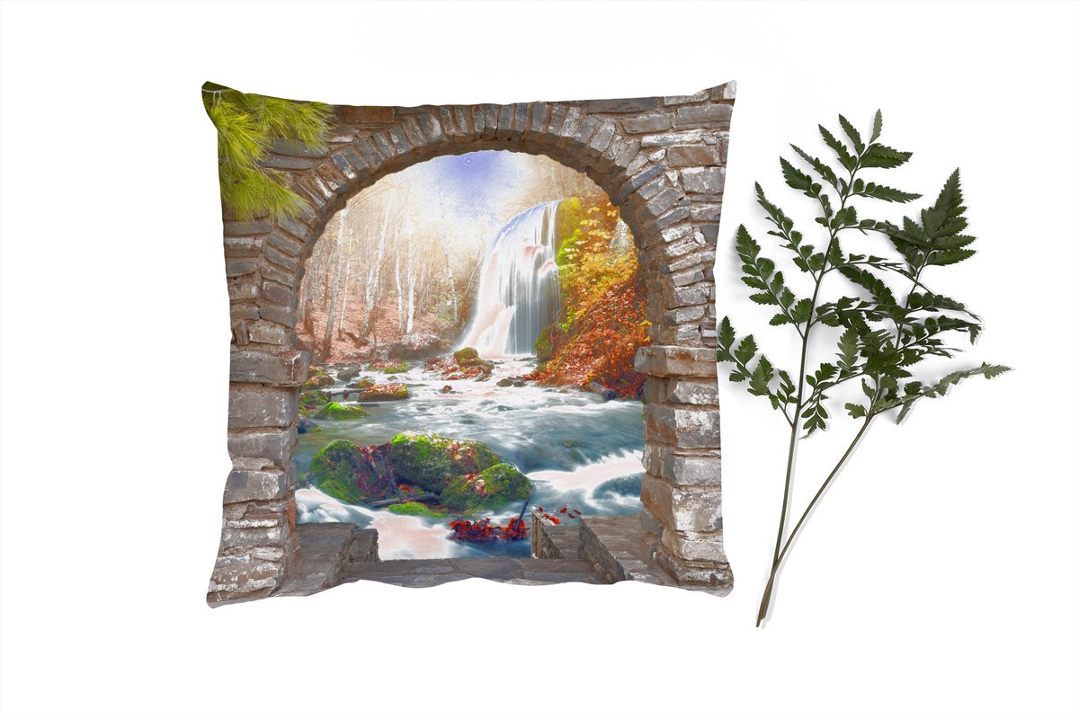 PillowMonkey Sierkussen Herfst Landschap Waterval Doorkijk 60 x 60 cm