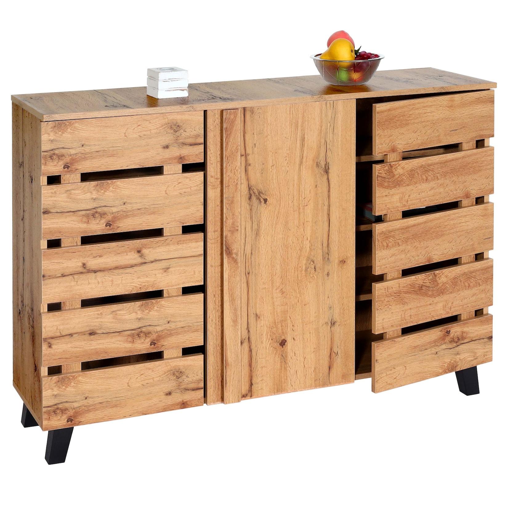 Sideboard MCW-M46, Kommode Schrank Anrichte, 3 Türen 8 Staufächer 88x120x34cm, naturfarben