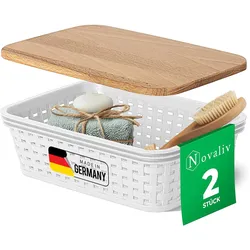 Novaliv 2er Set Eleganter Aufbewahrungskorb mit Holzdeckel in Rattan-Optik   Weiß Lebensmittelecht Kunststoff 1L ? Perfekt für Bad & Kleidungsaufbewahrung. Aufbewahrungsbox Badezimmer Körbchen.