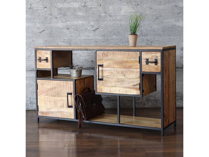 Sideboard INDUSTRIAL offen 150cm massiv Mangoholz & Eisen Anrichte