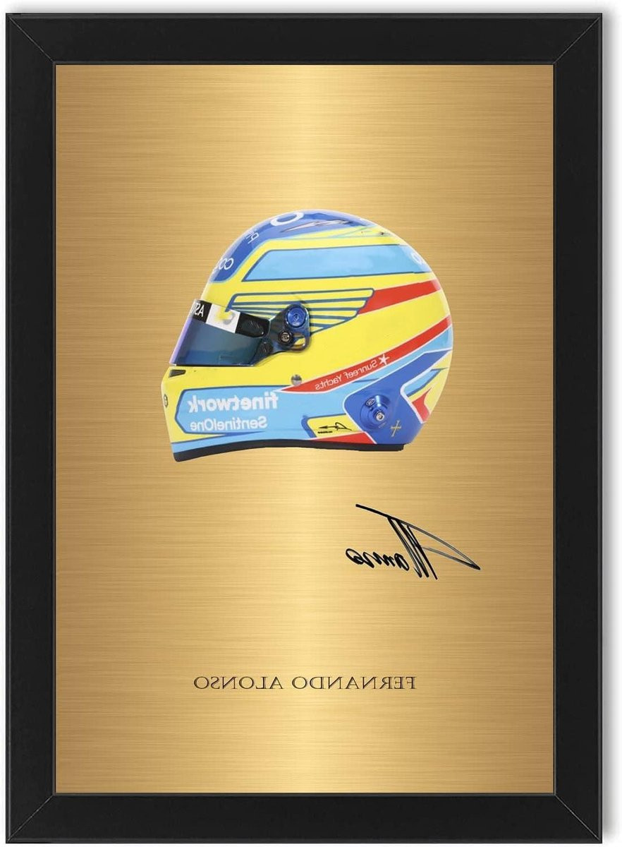 Ingelijste F1 foto van Fernando Alonso 2023 gesigneerde helm A4