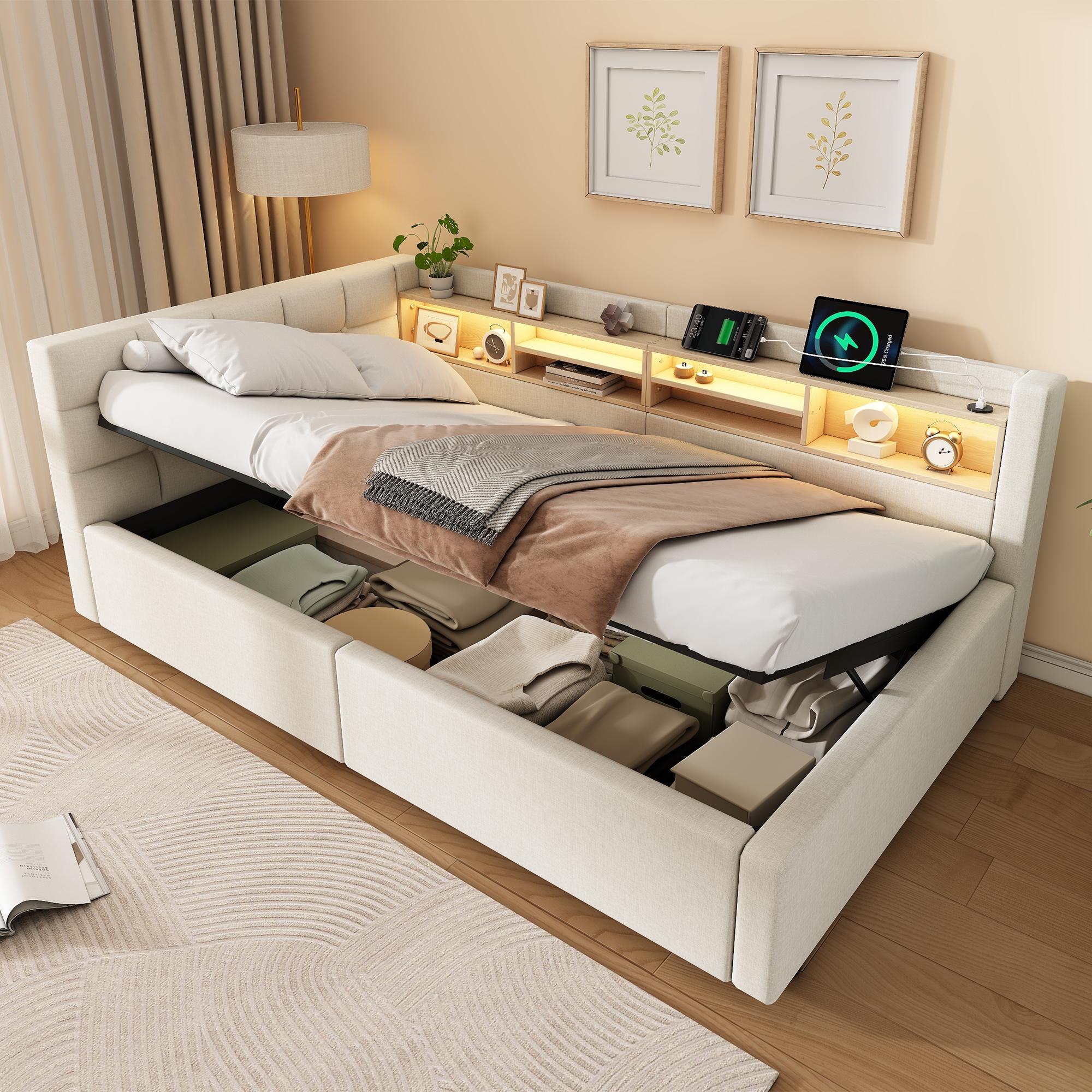 Etagenbett 90x200cm weiß aus Massivholz und MDF mit LED Nachtlicht, versetztes Etagenbett mit Schrank, Regal und Schubladen