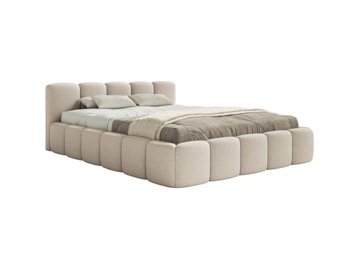 Selsey Polsterbett 140x200 cm Modernes Bettgestell mit Lattenrost Elegantes Design in Hellbeige Bouclé Robuster Holzrollrost für Komfort Bodenschonende Kunststoffgleiter Max Belastung 250 kg