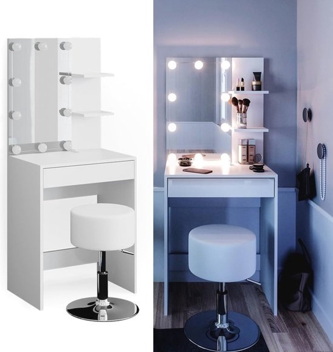 Witte Hollywood LED Make-uptafel met Spiegel en Kruk - Breedte: 60 cm