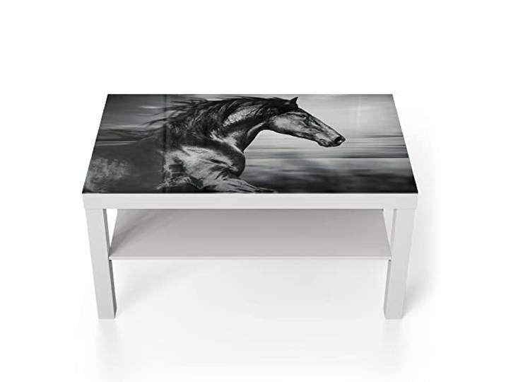 DEQORI Glastisch weiß groß 90x50 cm Motiv Galoppierendes Pferd ausgefallener Beistelltisch aus Glas Hochglanz Couchtisch fürs Wohnzimmer moderner Couch Tisch mit Design