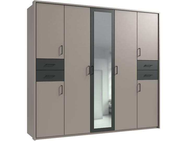 Drehtürenschrank WIMEX Vegas , schwarz (saharagrau, graphit, griffe schwarz), B:228cm H:210cm T:58cm, Holzwerkstoff, Schränke, Drehtürenschrank, inklusive Passepartout-Rahmen, mit Spiegeltüren und Schubladen