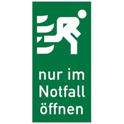 Rettungszeichen, Tür-/Fensterhinweis Nur im Notfall öffnen - 75x150 mm Folie selbstklebend, nachleuchtend