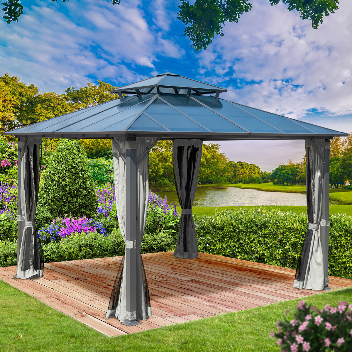 Brast Alu Pavillon PAGODE 4x4m hellgrau mit Moskitonetz