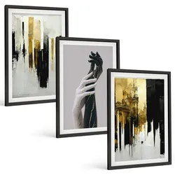 BILDER SET 3er Set - 40x60 cm Schwarzer Rahmen - Abstrakte handgemalte Muster
