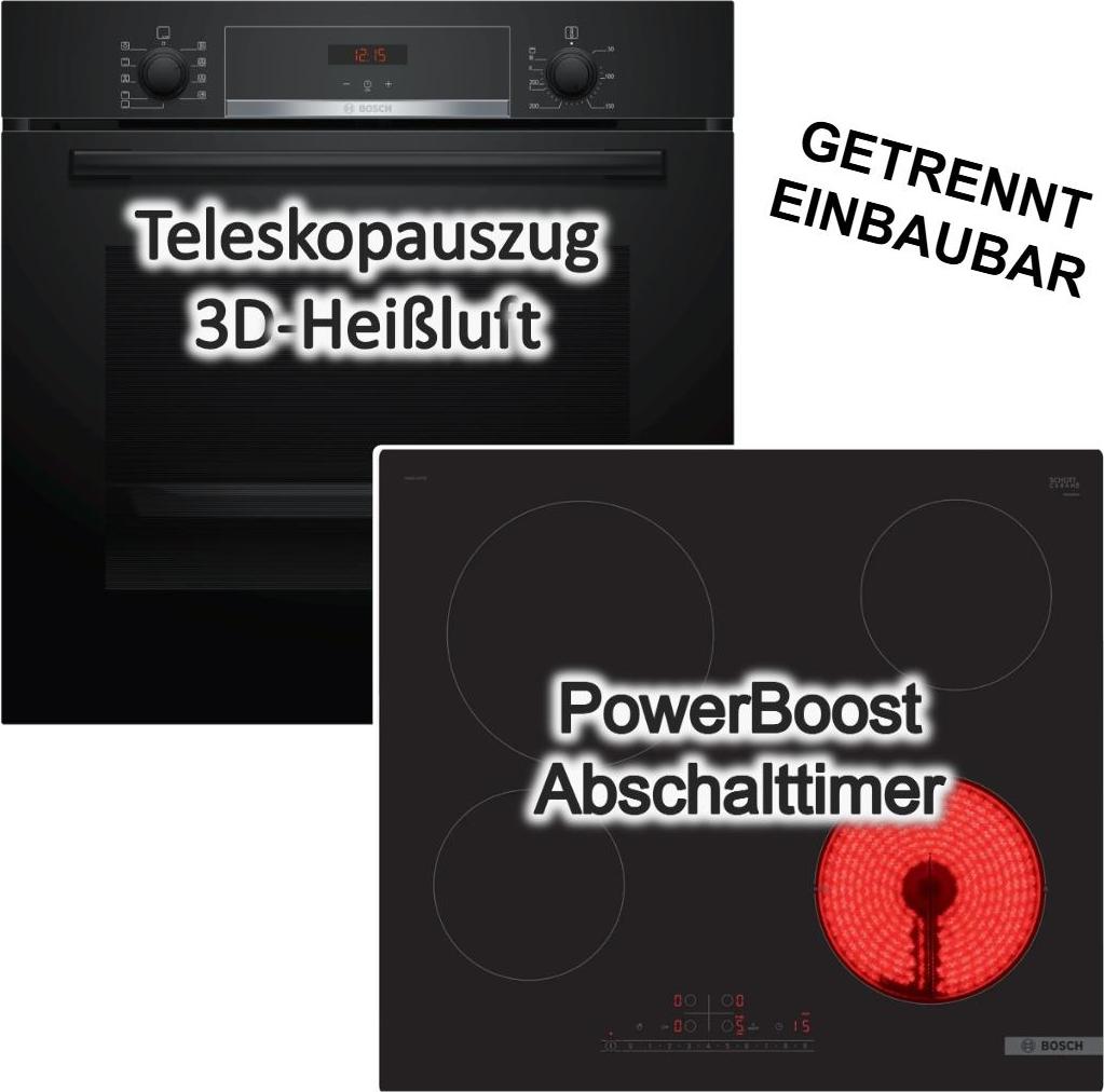 BOSCH Set Backofen mit Glaskeramik Kochfeld 71 Liter Hydrolyse Pizzafunktion Teleskopauszug PowerBoost