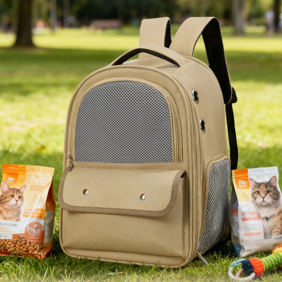 INF Haustier-Rucksack mit Fütterungsfenster und atmungsaktivem Netz – Multi-Carry Oxford-Stoff + Polyester für Katzen und Khaki