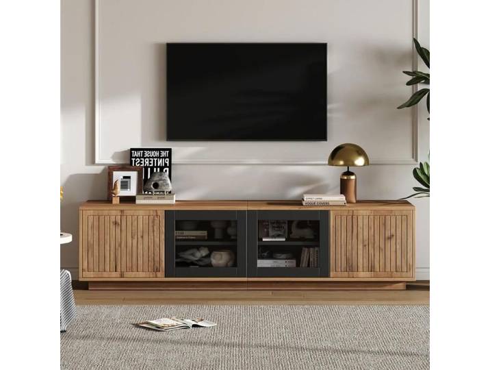 Meuble TV - KOMHTOM - 180x40x45 cm - 4 portes (2 verre) - LED intégré - Pour TV 75 pouces