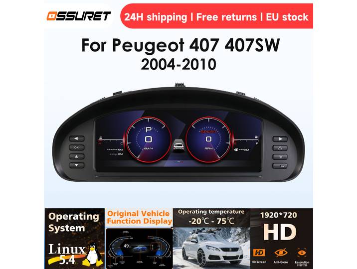 Tableau de bord numérique pour voiture 10,25 pouces pour Peugeot 407 407SW 2004 - 2010, style compteur de vitesse LCD, panneau d'instruments, compteurs de vitesse, cockpit