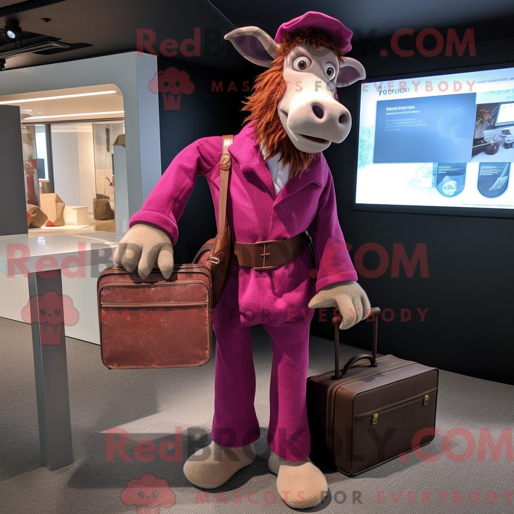 Maskottchen REDBROKOLY einer magentafarbenen Burenziege mit Hose und Aktentasche