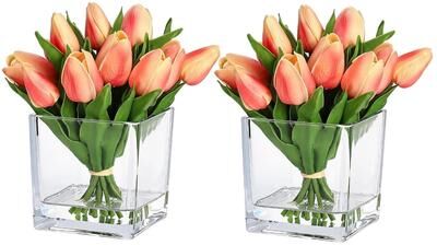 Garvee Artificial Tulips with Glass Vase, 12 Pcs Mini Faux Tulip Bouquet, 7.4 Inch Real Touch PU Tulips