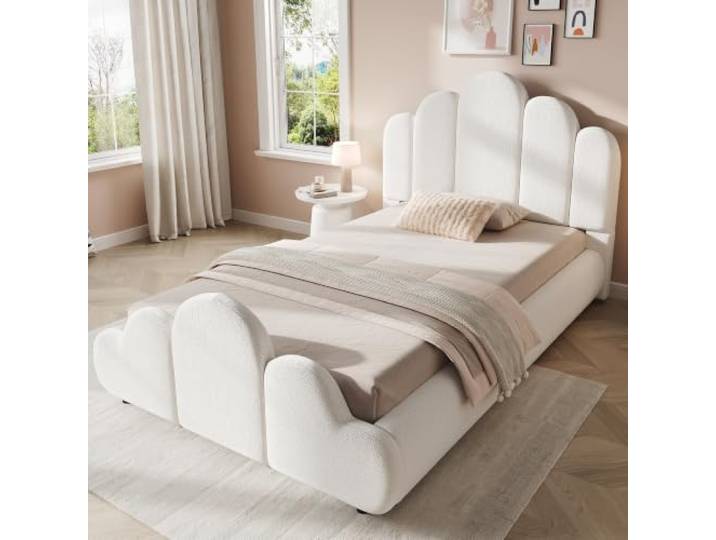 BXEYXE Polsterbett, Einzelbett, Kinderbett 90 x 200cm, Bett mit gepolstertes Kopfteil, abgerundete Ecken, bouclé, beige