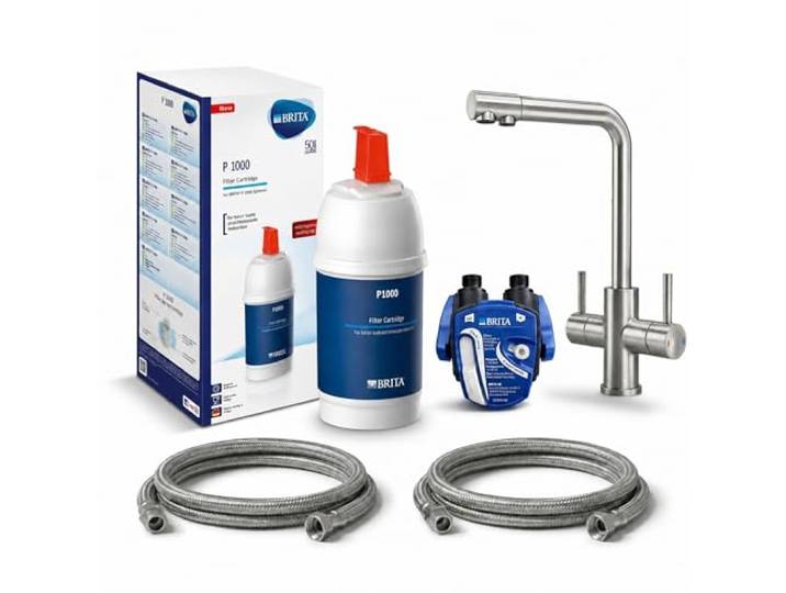 VANTO INOX 3 Wege Wasserhahn Küche Set – Edelstahl 304 Küchenarmatur Hochdruck – Untertisch Wasserfilter Trinkwasserfilter mit BRITA P1000, Filterkopf Schläuchen & Adapter L-Auslauf