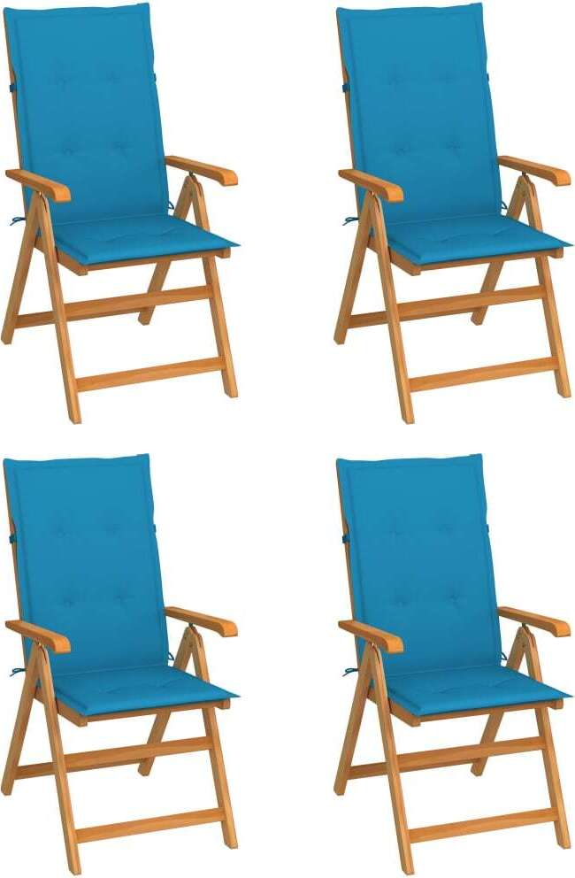 Klappstühle, 4er-Set mit blauen Kissen, aus massivem Teakholz
