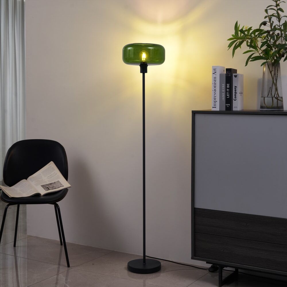 QAZQA Lampadaire rétro noir verre vert Noir 28x146x28cm