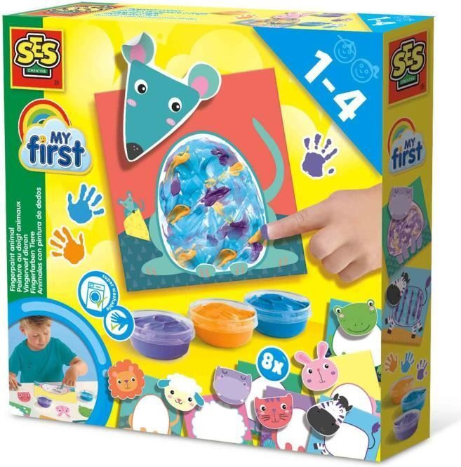 SES Creative Vingerverf set Mijn Eerste Dieren met 10 pagina's en stickers, afwasbaar, geschikt vanaf 1 jaar