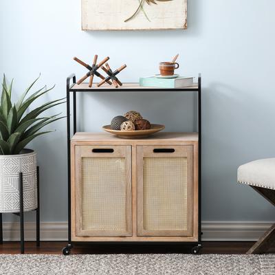 LuxenHome Brown and Black Mobile Natural Wood Double Tilt-Out Laundry Hamper Storage Cabinet