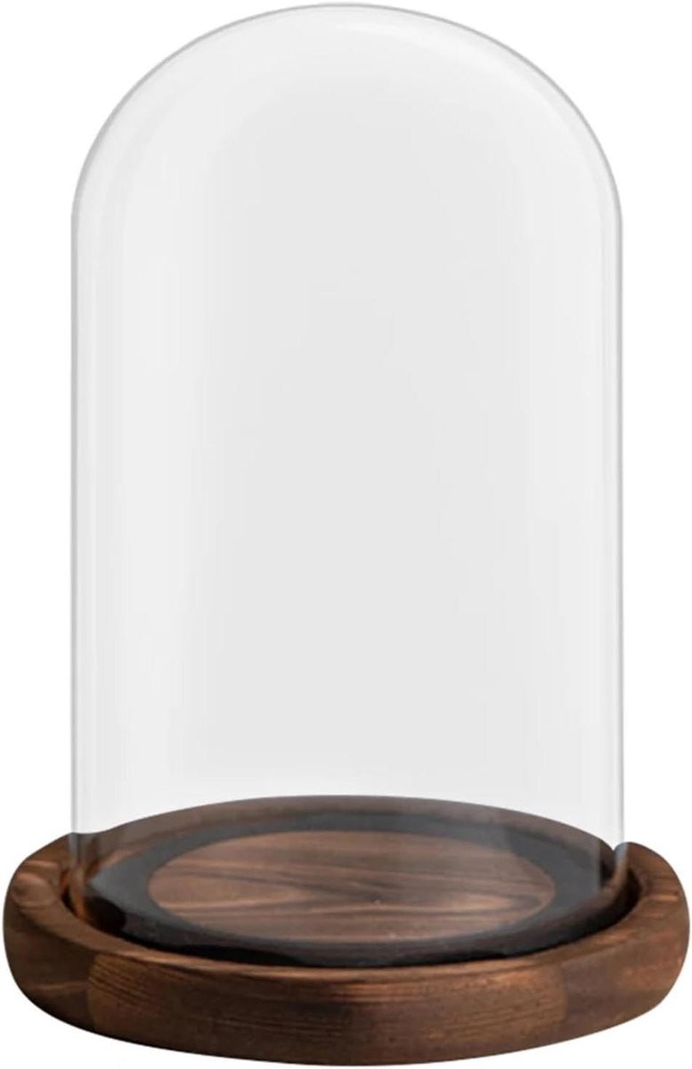 Glazen Cloche Decoratieve Koepel met Houten Basis - Koffiebruin - 18 x 30 cm