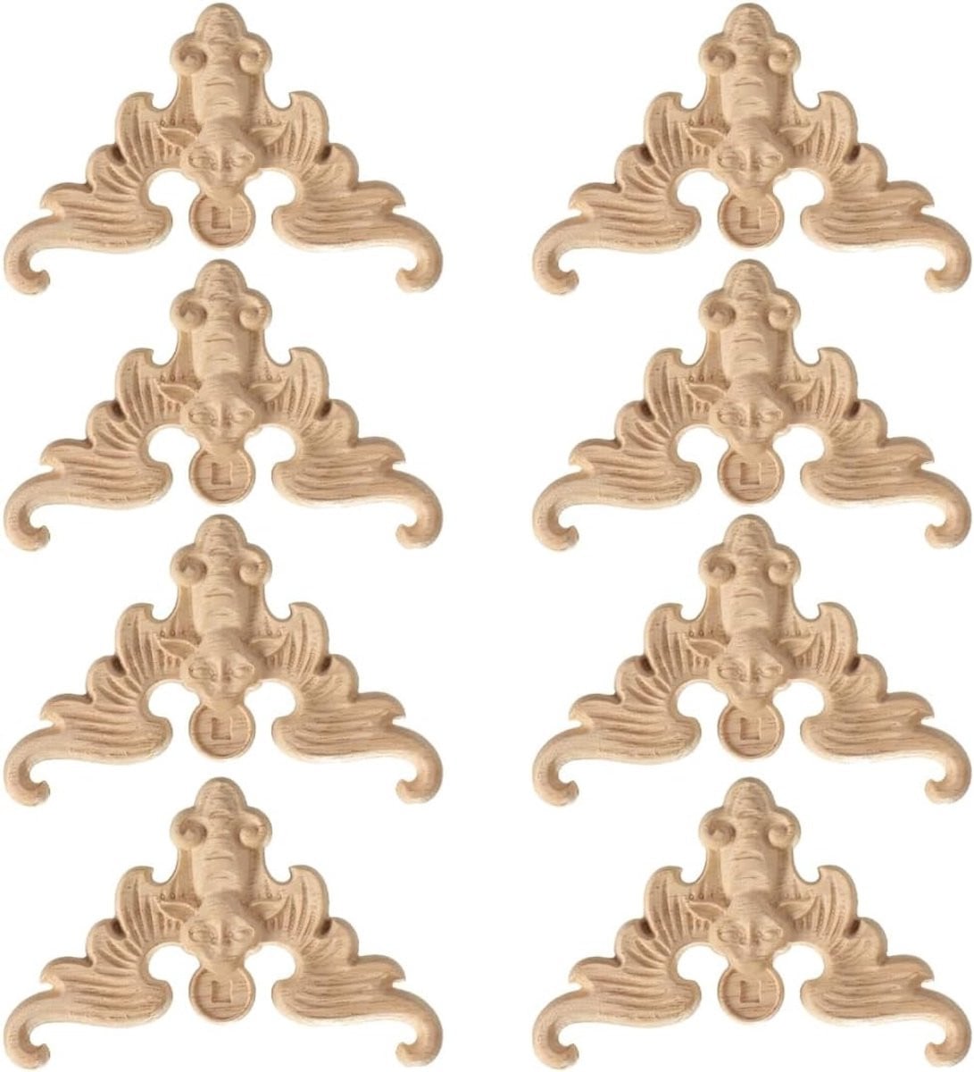 Set van 8 handgemaakte houten applicaties voor interieurdecoratie, decoratieve figuren en mouldings, 8 x 8 cm