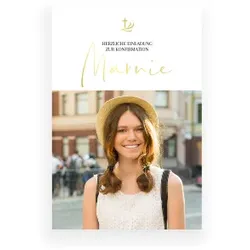 Einladungskarte Konfirmation: Goldschrift mit Foto mit Foto in Weiß