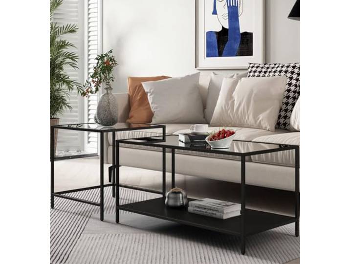 Hallowood Furniture Bewdley Geräumiger schwarzer Metallschrank mit Metall-Mitteltische für Wohnzimmer, rechteckiger Teetisch für Lounge oder Büro