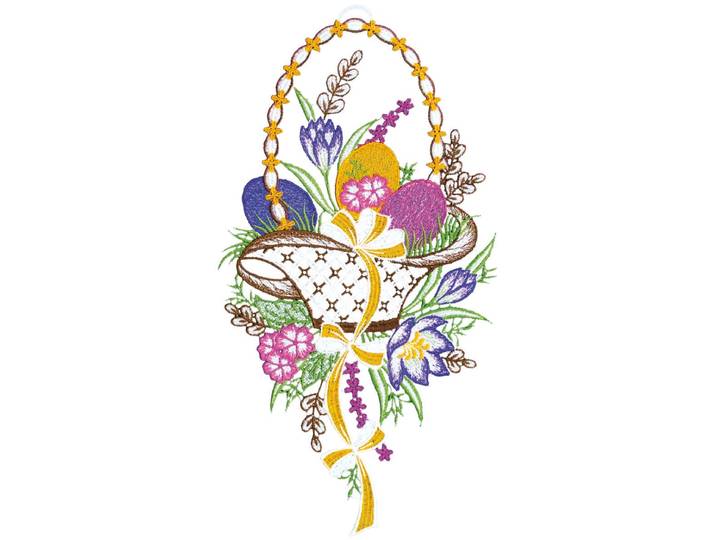 Fensterbild Osterkorb Gr. 1, bunt (bunt, gelb, rosa), B:20cm H:39cm, Polyester, W. REUTER & SOHN - PLAUENER SPITZE, Fensterbilder, Fensterbild, Made in Germany