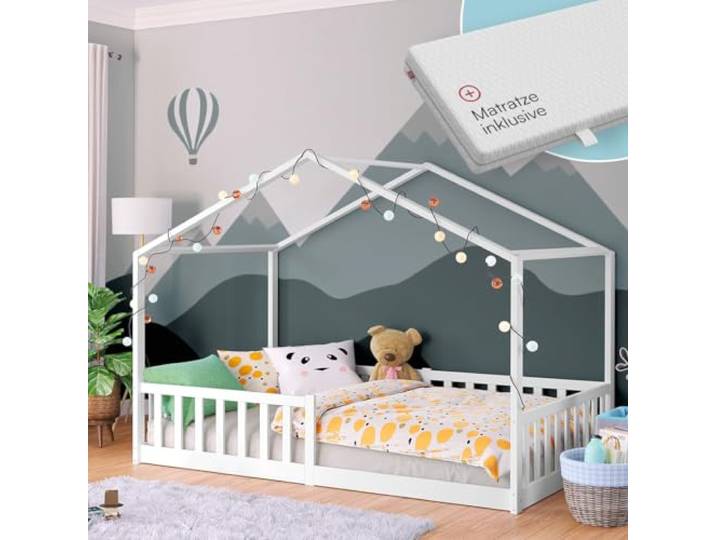 Bellabino Bia Bodenbett 120x200 cm, Weiß, mit Matratze, Kiefer Massivholz Montessori Hausbett mit Rausfallschutz, mit Lattenrost, Kinderbett für Jungen & Mädchen, Bettgestell, Kinderzimmermöbel