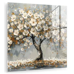 ACRYLGLASBILD Baum - Blumen - Weiß - Natur - Kunst 90x90 cm