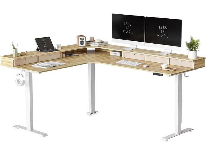 Fezibo Drei Motoren L-Form Schreibtisch Höhenverstellbar Elektrisch 190 x 160 cm - Weiß/Natur