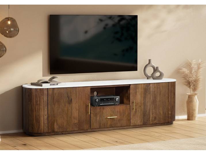 TV Board 200x55cm 'Valencia'' Mango braun lackiert & Marmor weiss 2 Türen