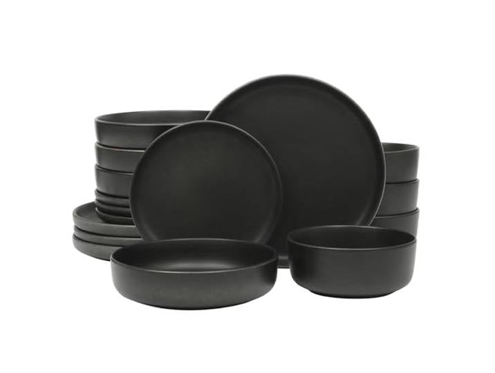 Gibson Soho Lounge Pasco 16-teiliges (Service für 4) Teller und Schüsseln, Doppelschüssel, reaktive Glasur, Steingut, Keramik, Geschirr-Set, Schwarz