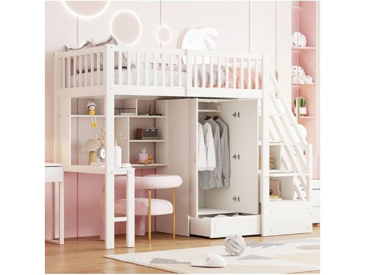 Lit Mezzanine 90x200cm - Lit Enfant - Bureau Intégrée - Armoire Intégrée - Échelle de Rangement - Blanc