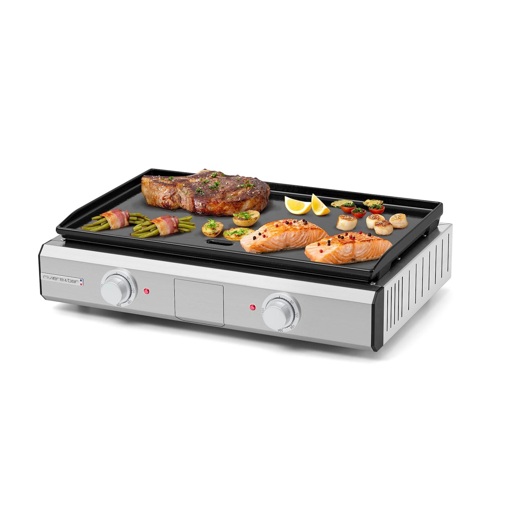 riviera&;bar Plancha Grill Pro Enamelle Tischgrill (Plancha-Grillplatte, emailliertes Gusseisen, 2 getrennte Heizzonen, Grillfläche 57 x 35 cm, Edelstahl-Gehäuse gebürstet, abnehmbare Auffangschale, hohe Ränder)