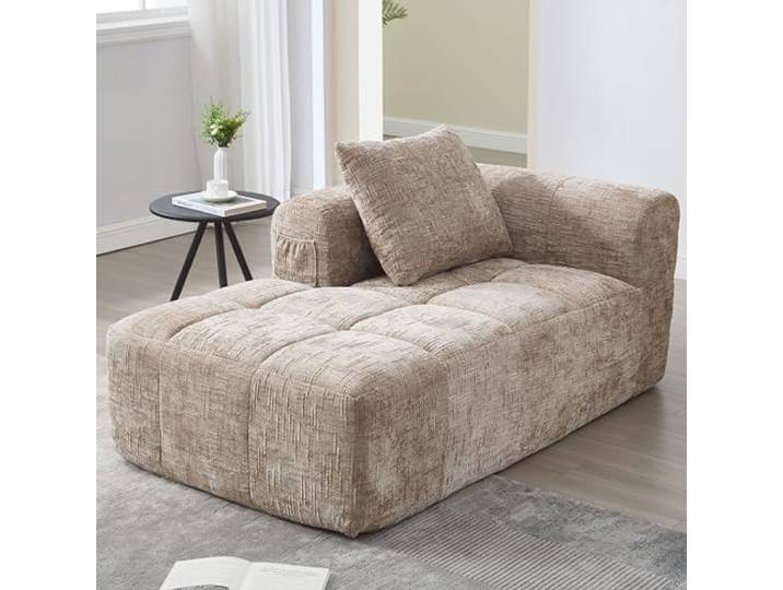 Ball & Cast Boneless Couch, L Couch mit Schlaffunktion, Chenille Modulares Sofa mit Seitentaschen, Montagefrei, Khaki, 1 Sitzplatz