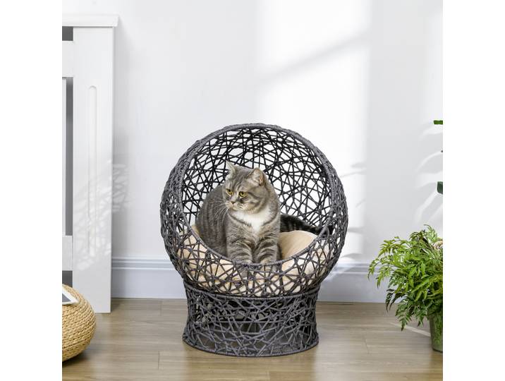 PawHut Panier chat lit surélevé chat cosy niche grotte 50 x 50 x 60 cm coussin moelleux crème inclus, corde en polyester violet