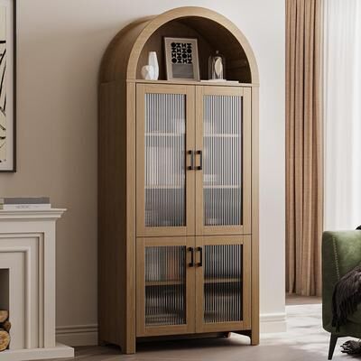 FURNIWAY "71"" Tall Arched Cabinet with Glass Doors, Modern Farmhouse Arched Bookcase Storage with Shelves, Pantry Cabinet"
