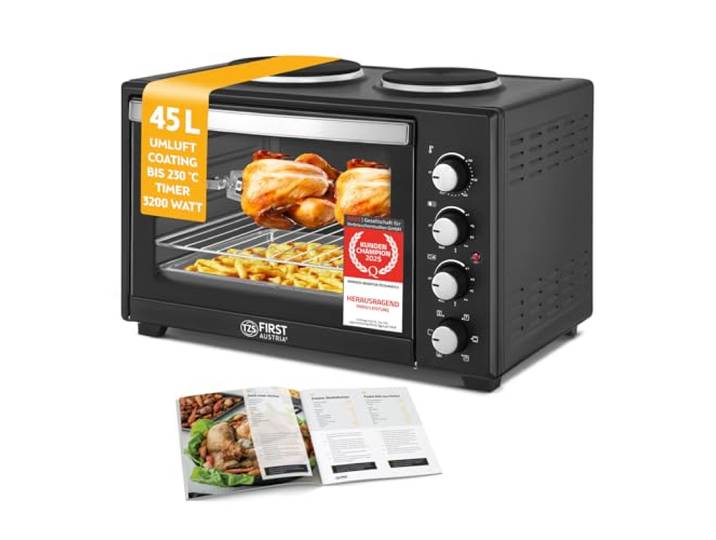 TZS First Austria - Minibackofen mit Kochplatten 45L 3200 W - Mini Backofen Pizzaofen mit Herdplatten bis 230°C & Antihaftbeschichtung - Miniofen Kombigerät mit 4 Einschubhöhen & hochwertigem Zubehör