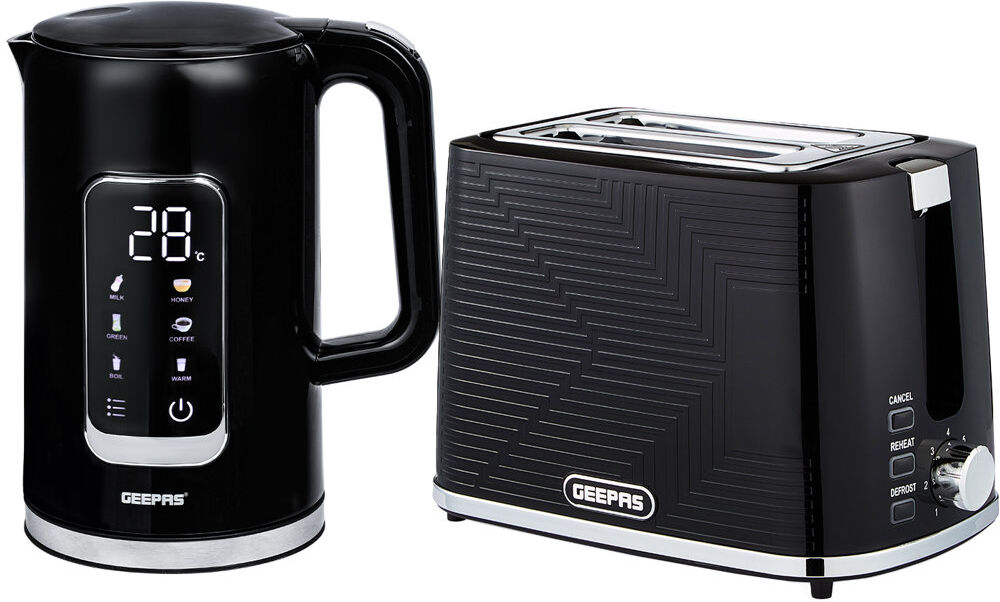 GEEPAS 1.7L Digital Electric Kettle & 2 Slice Bread Toaster Combo Set   2200W Cordless Jug Kettle, Keep Warm Function   900W Toaster with 7 Browning L Black 1.7L