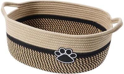 Market Central Handmade Woven Dog Toy Basket With Handle Paw Print Pet Storage Organizer beige