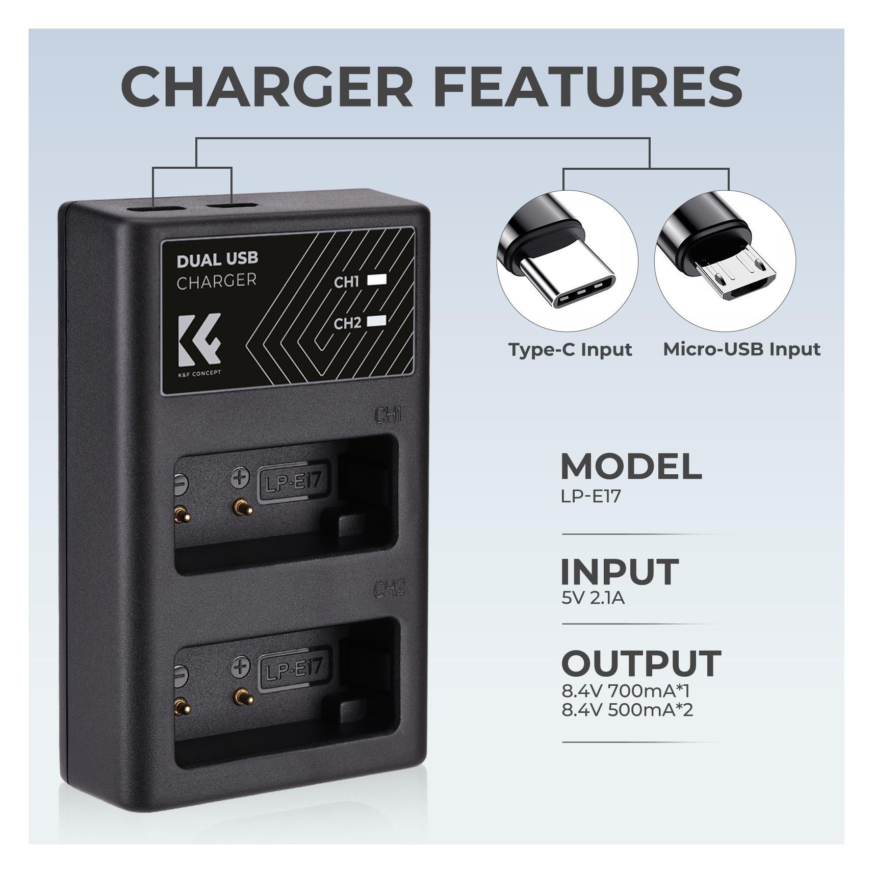 K&F Concept LP-E17 Digital Camera LED Dual Channel Charger with Type C Charging Cable (Kamera Akku Ladegerät) (KF28.0008)